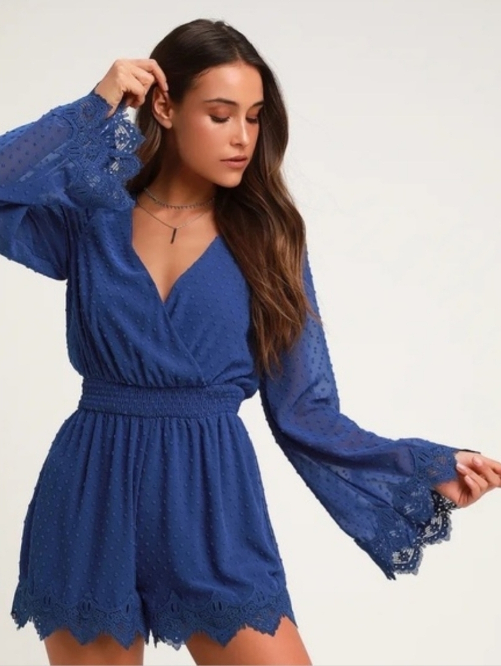 Lulus Blue Meadowlake Swiss Dot Lace Bell Sleeve Romper Sz S